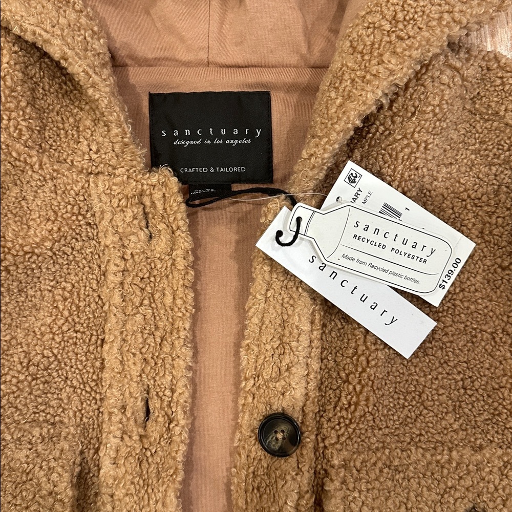 NWT Sanctuary Teddy Sherpa Hooded Shacket Jacket – Camel – Oversized XS - Picture 4 of 7